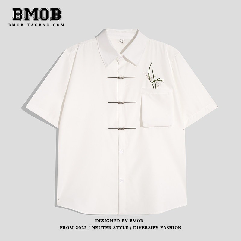 BMOB新中式國風翠竹刺繡金屬飛機扣短袖襯衫男女夏季寬鬆冰絲襯衣-規格圖5