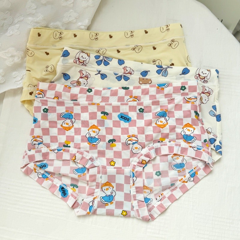 4條冰絲內褲女可愛牛奶絲日系卡通中腰學生少女生夏季薄款三角褲-規格圖5