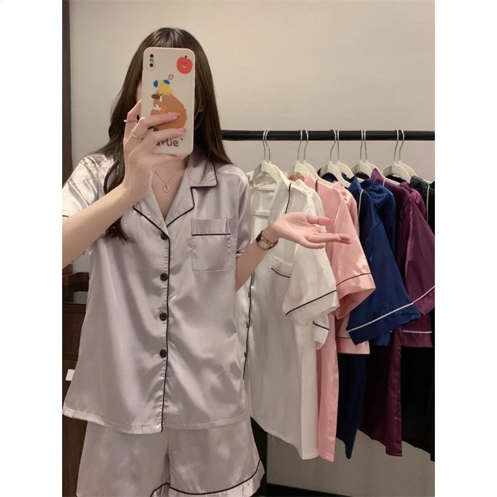 夏季冰絲睡衣女套裝可外穿夏款日系簡約短袖短褲休閒家居服兩件套-細節圖2