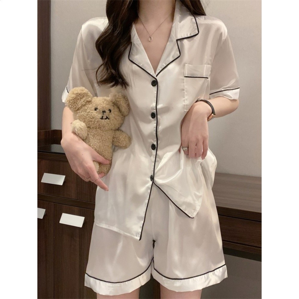 夏季冰絲睡衣女套裝可外穿夏款日系簡約短袖短褲休閒家居服兩件套-細節圖3