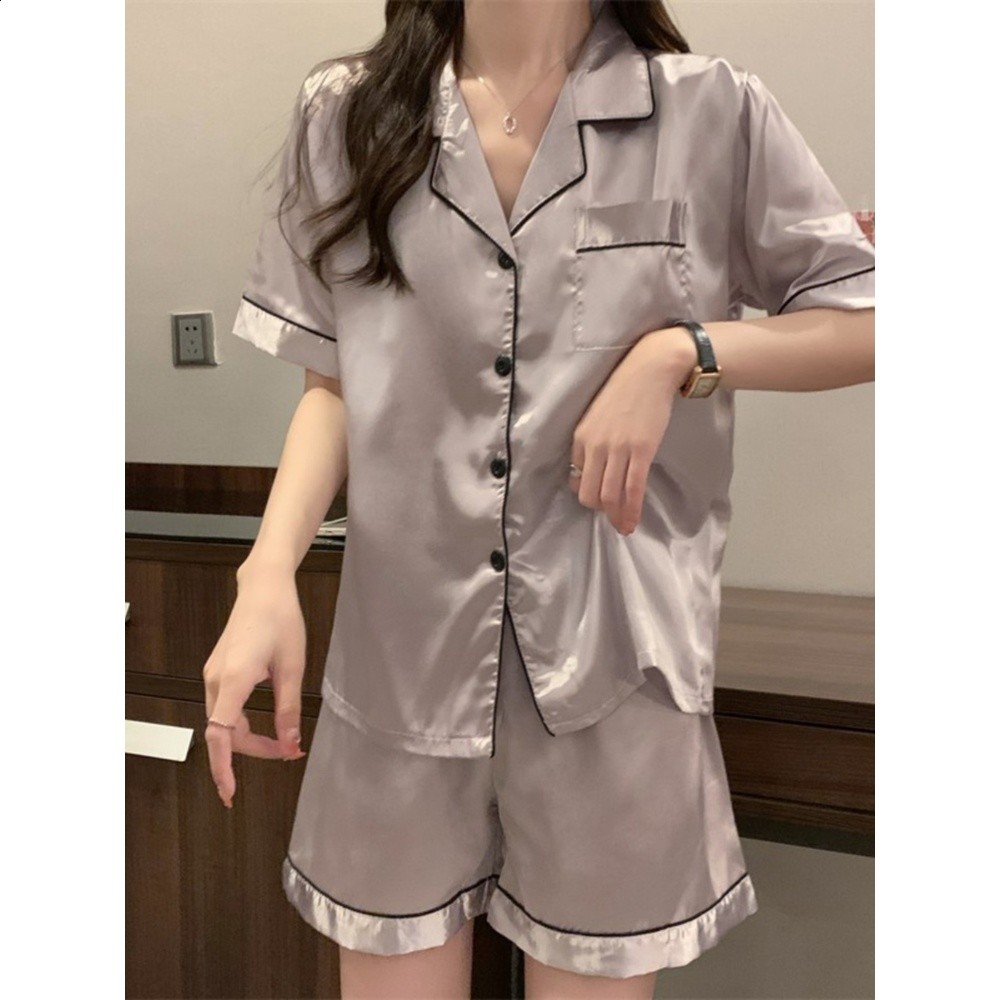 夏季冰絲睡衣女套裝可外穿夏款日系簡約短袖短褲休閒家居服兩件套-細節圖4