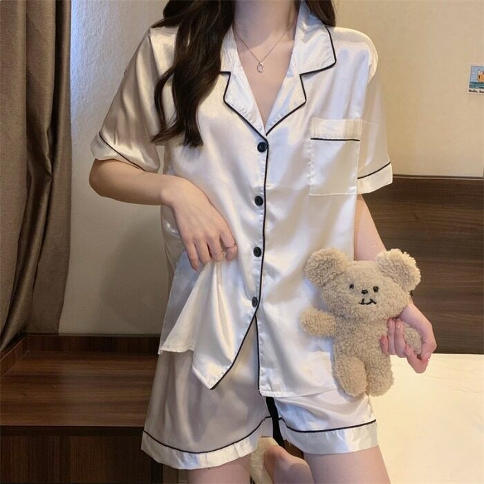 夏季冰絲睡衣女套裝可外穿夏款日系簡約短袖短褲休閒家居服兩件套-規格圖5