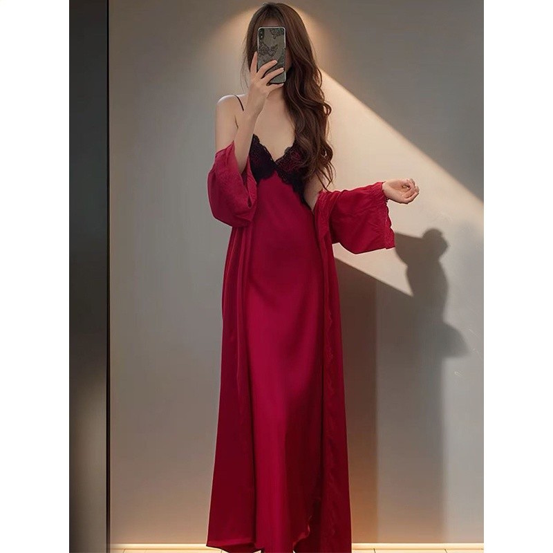 性感冰絲睡衣女春秋季長款帶胸墊吊帶睡裙夏天純欲風蕾絲長裙長袍-細節圖3