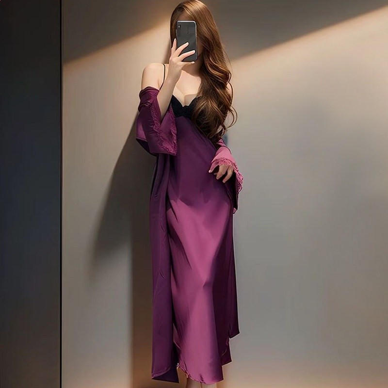 性感冰絲睡衣女春秋季長款帶胸墊吊帶睡裙夏天純欲風蕾絲長裙長袍-規格圖5