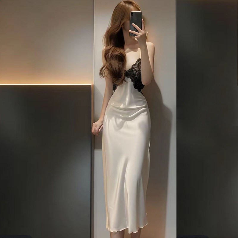 性感冰絲睡衣女春秋季長款帶胸墊吊帶睡裙夏天純欲風蕾絲長裙長袍-規格圖5