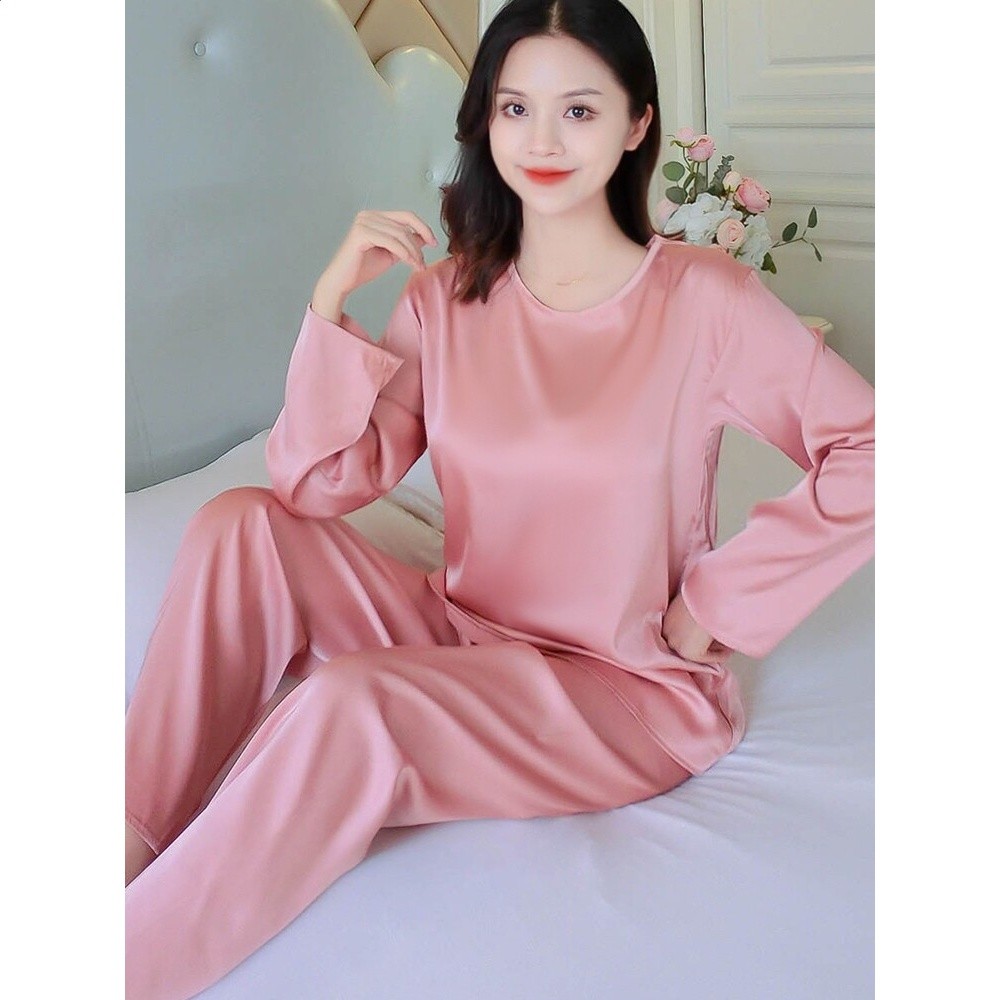 冰絲睡衣女夏季胖mm大碼長袖圓領甜美薄款舒適春秋新款家居服套裝-細節圖2