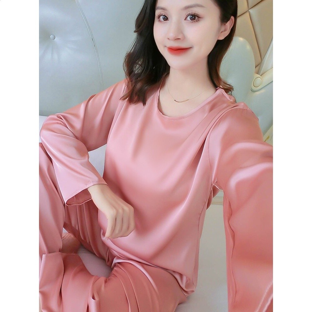 冰絲睡衣女夏季胖mm大碼長袖圓領甜美薄款舒適春秋新款家居服套裝-細節圖3
