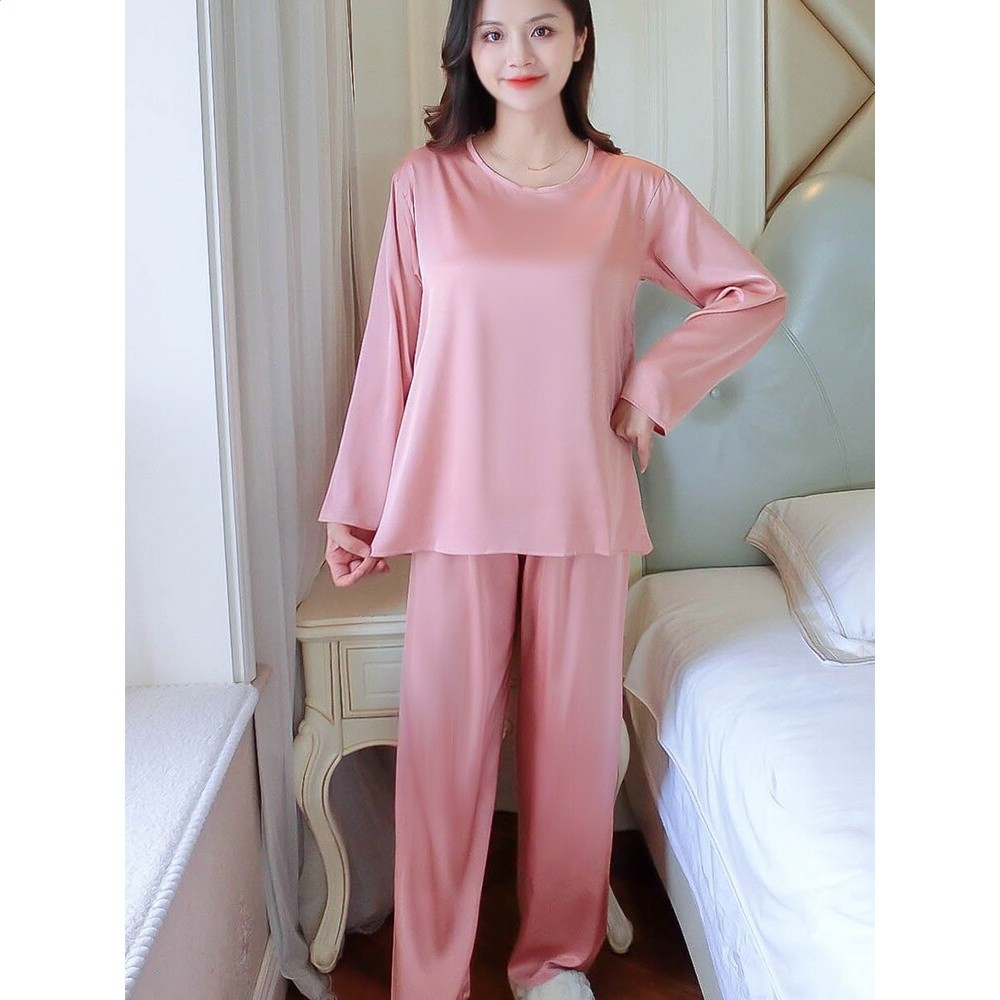 冰絲睡衣女夏季胖mm大碼長袖圓領甜美薄款舒適春秋新款家居服套裝-細節圖5