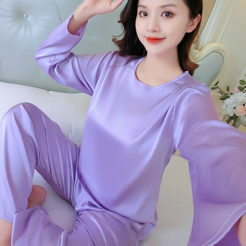冰絲睡衣女夏季胖mm大碼長袖圓領甜美薄款舒適春秋新款家居服套裝-規格圖5