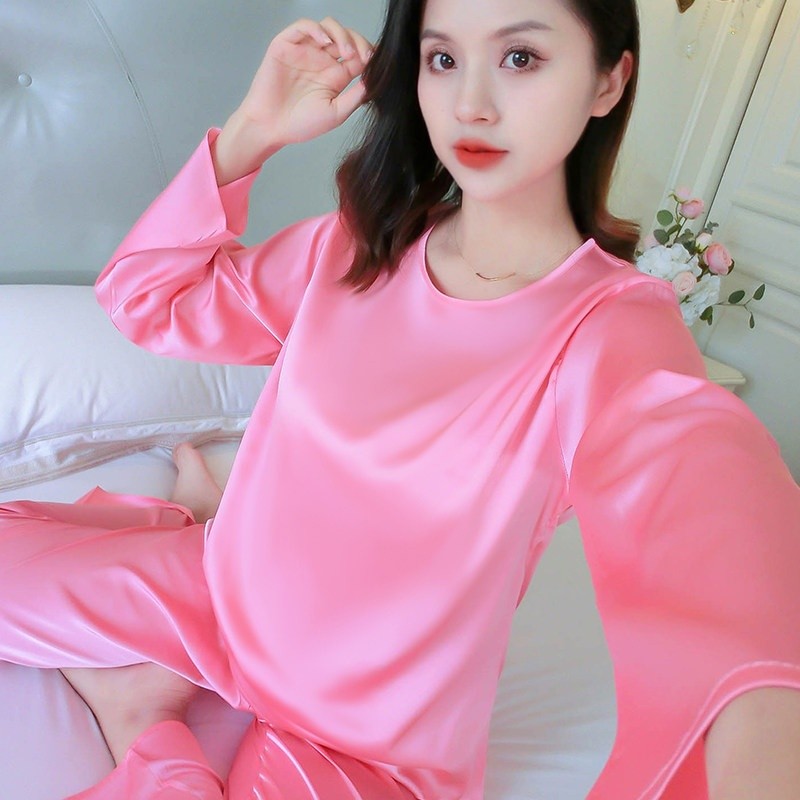 冰絲睡衣女夏季胖mm大碼長袖圓領甜美薄款舒適春秋新款家居服套裝-規格圖5