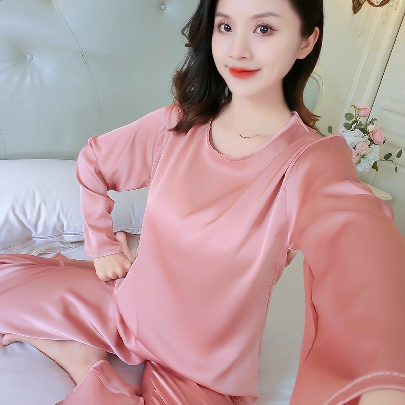 冰絲睡衣女夏季胖mm大碼長袖圓領甜美薄款舒適春秋新款家居服套裝-規格圖5