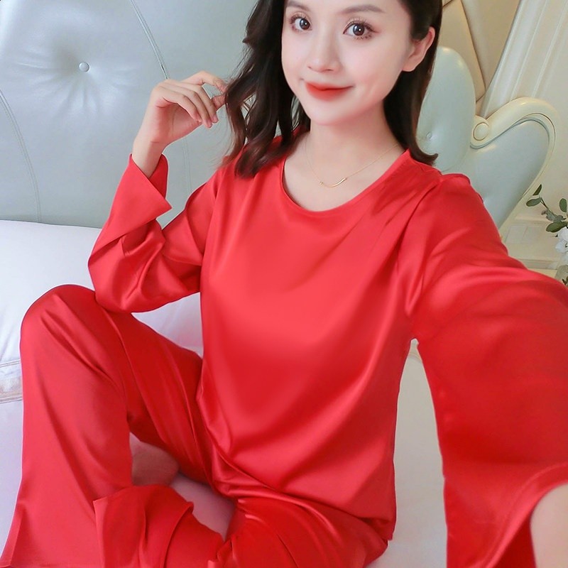冰絲睡衣女夏季胖mm大碼長袖圓領甜美薄款舒適春秋新款家居服套裝-規格圖5