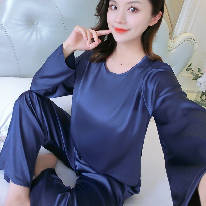 冰絲睡衣女夏季胖mm大碼長袖圓領甜美薄款舒適春秋新款家居服套裝-規格圖5