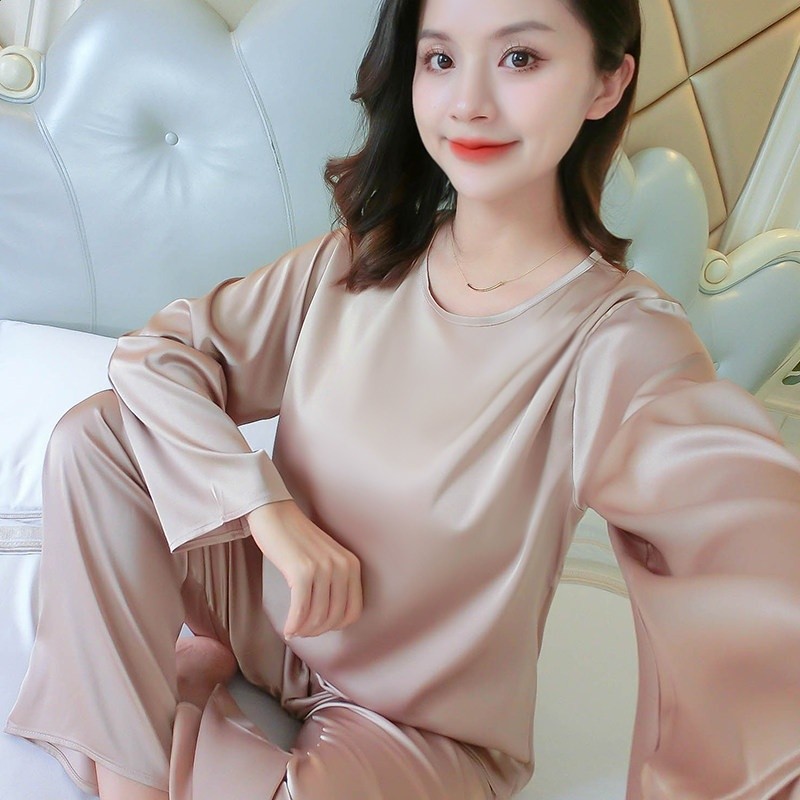 冰絲睡衣女夏季胖mm大碼長袖圓領甜美薄款舒適春秋新款家居服套裝-規格圖5