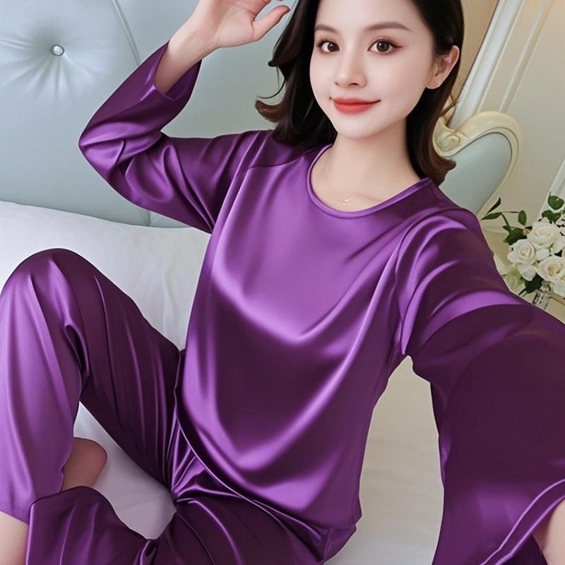 冰絲睡衣女夏季胖mm大碼長袖圓領甜美薄款舒適春秋新款家居服套裝-規格圖5