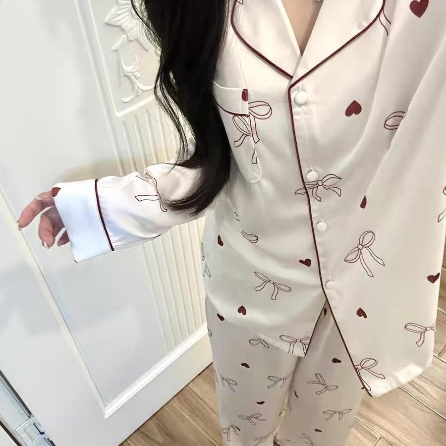 韓國女士冰絲睡衣早秋薄款長袖長褲甜美粉條紋春秋季高階感家居服-規格圖5