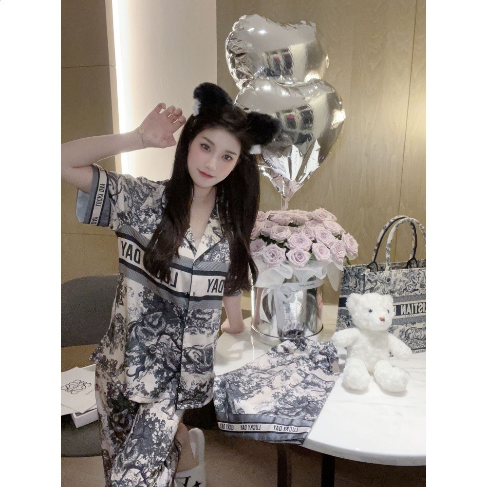水墨畫冰絲睡衣女網紅風春秋長袖長褲情侶家居服兩件套裝薄款夏季-細節圖4