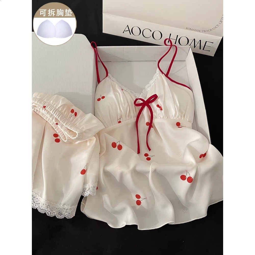 冰絲睡衣女夏季帶胸墊紅色櫻桃吊帶短褲甜美蝴蝶結休閒家居服套裝-細節圖4