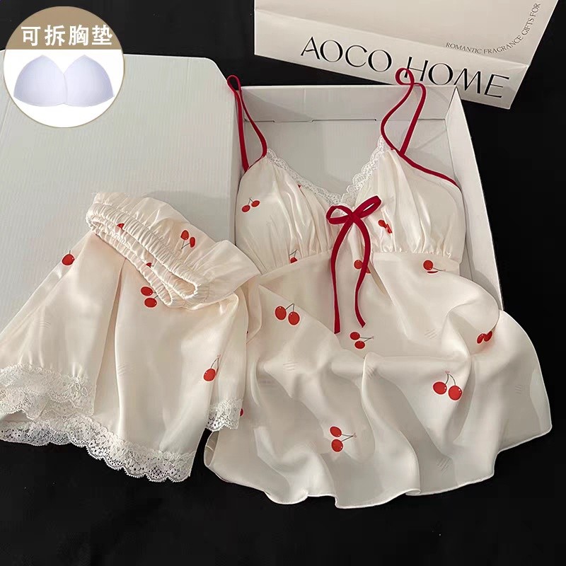 冰絲睡衣女夏季帶胸墊紅色櫻桃吊帶短褲甜美蝴蝶結休閒家居服套裝-規格圖5