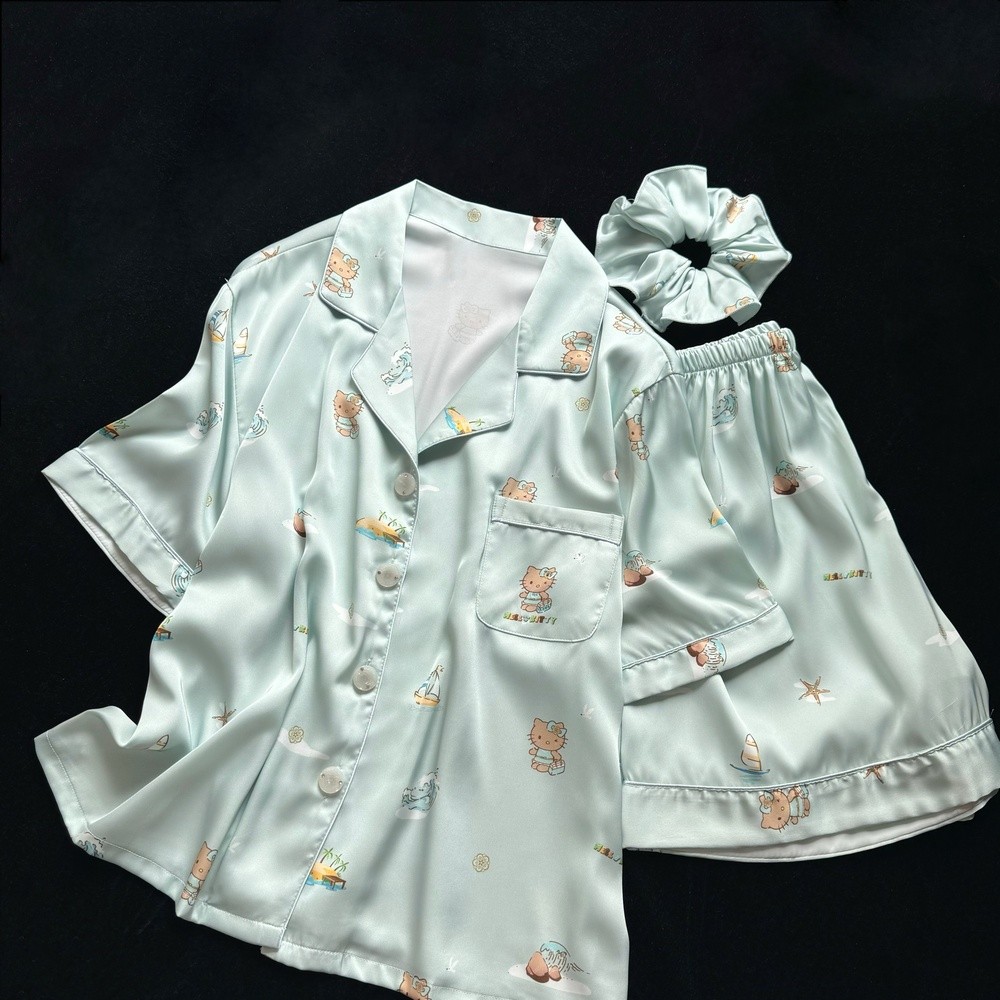 【薄荷曼波kitty】夏季冰絲睡衣Kitty燙鑽短袖短褲套裝家居服夏天-細節圖2