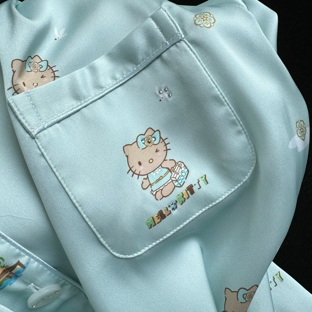【薄荷曼波kitty】夏季冰絲睡衣Kitty燙鑽短袖短褲套裝家居服夏天-細節圖3