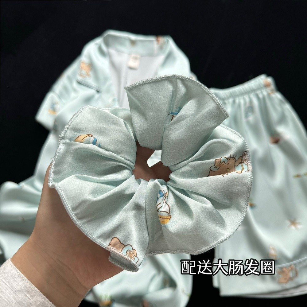 【薄荷曼波kitty】夏季冰絲睡衣Kitty燙鑽短袖短褲套裝家居服夏天-細節圖4