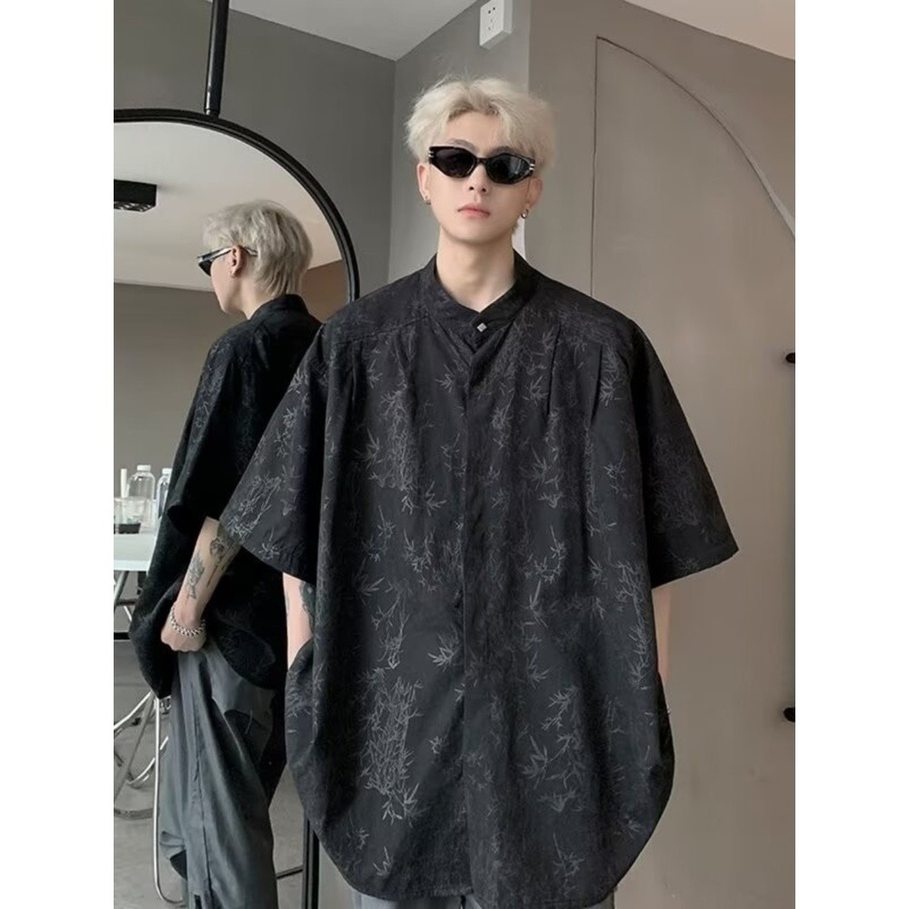 粉色短袖襯衫男夏季薄款中國風潮牌暗紋高街痞帥立領冰絲襯衣外套-細節圖3