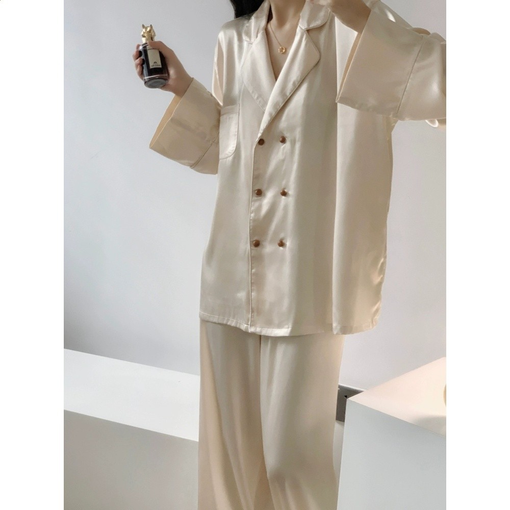 法式高階感冰絲睡衣女款春秋2024新款純欲風真絲緞面家居服套裝夏-細節圖2