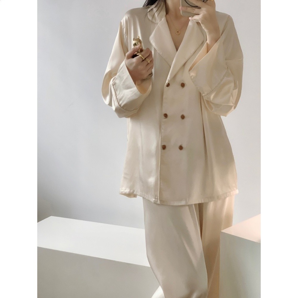 法式高階感冰絲睡衣女款春秋2024新款純欲風真絲緞面家居服套裝夏-細節圖5