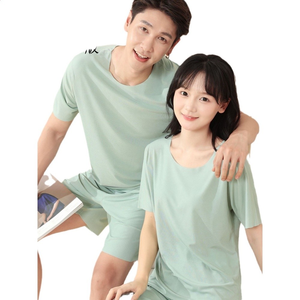 情侶款冰絲睡衣套裝女夏季薄款短袖長褲男士家居服套裝-細節圖2
