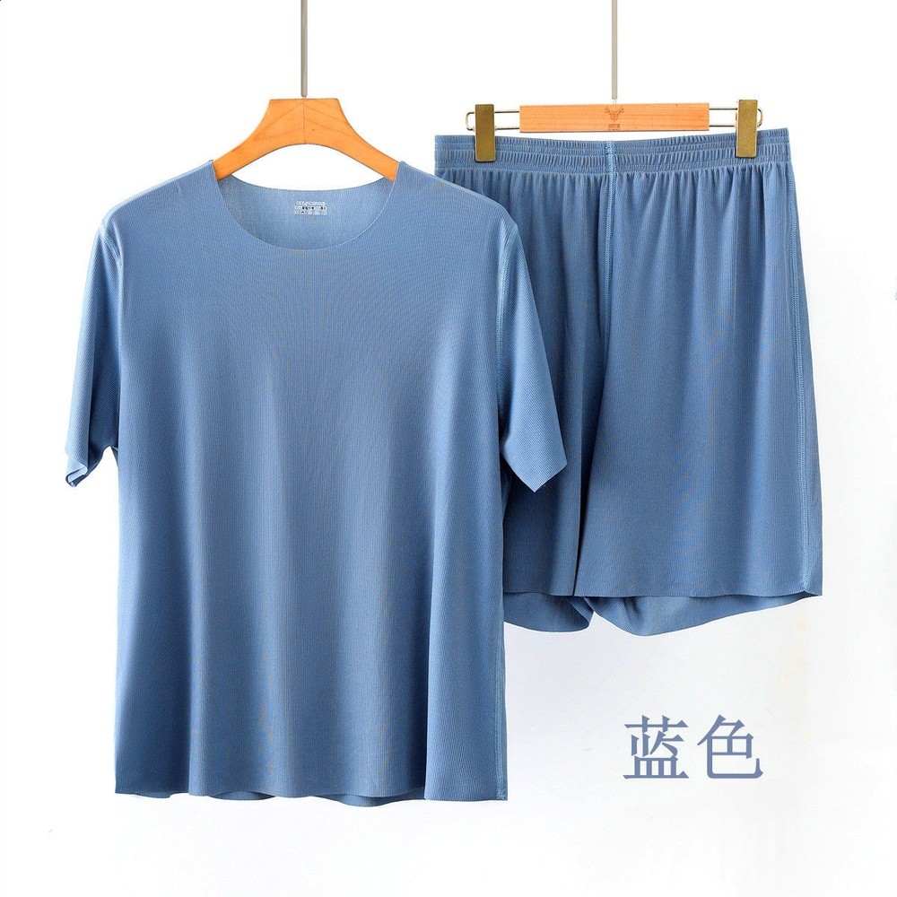 情侶款冰絲睡衣套裝女夏季薄款短袖長褲男士家居服套裝-規格圖5