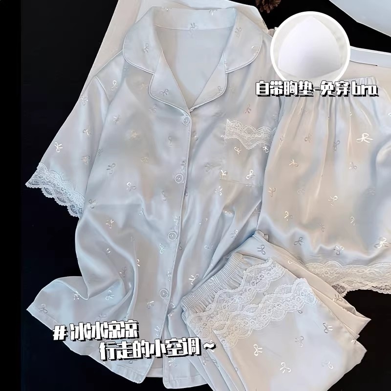 夏季天冰絲睡衣帶胸墊短袖2026年新款女士薄款休閒三件套裝家居服-規格圖5