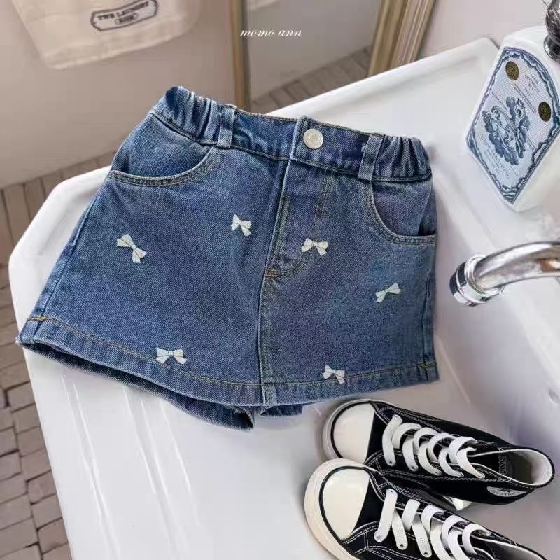 韓國童裝新款半身裙春夏裝女童刺繡蝴蝶結牛仔洋氣A字半身裙褲子-細節圖2