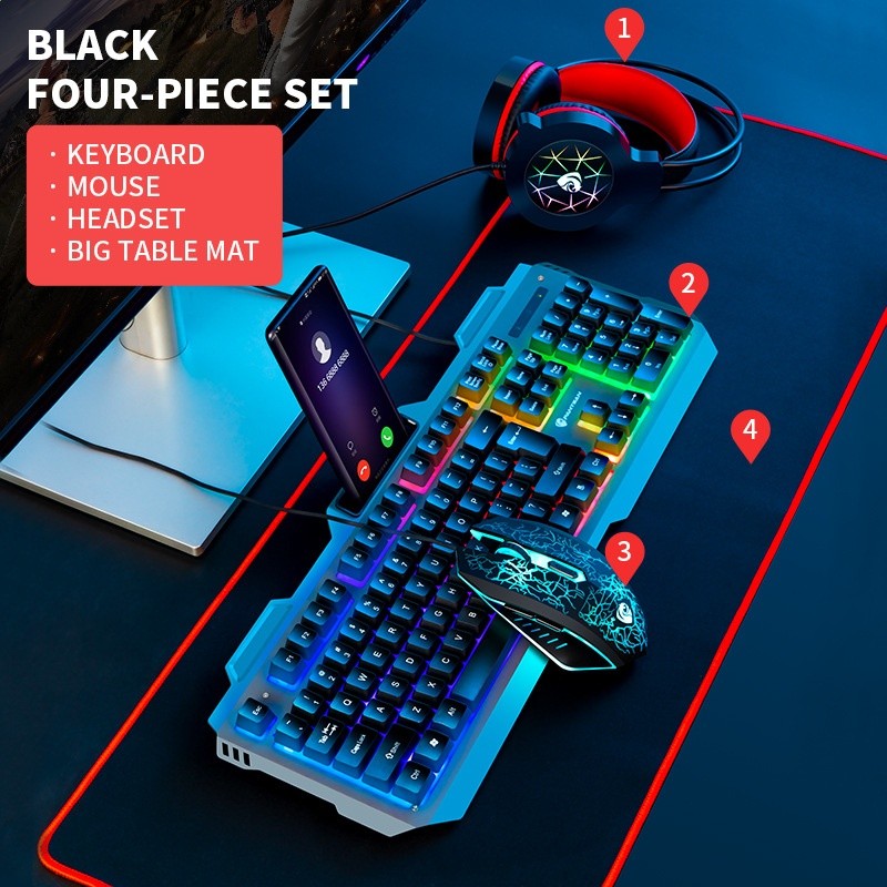 跨境鐵板發光有線鍵盤滑鼠耳機滑鼠墊四件套辦公遊戲套裝4合1-規格圖5