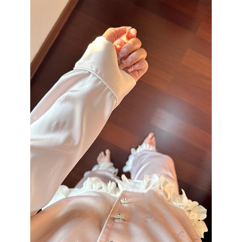 法式公主風粉色冰絲睡衣女春秋款2025年新款長袖長褲家居服兩件套-細節圖2