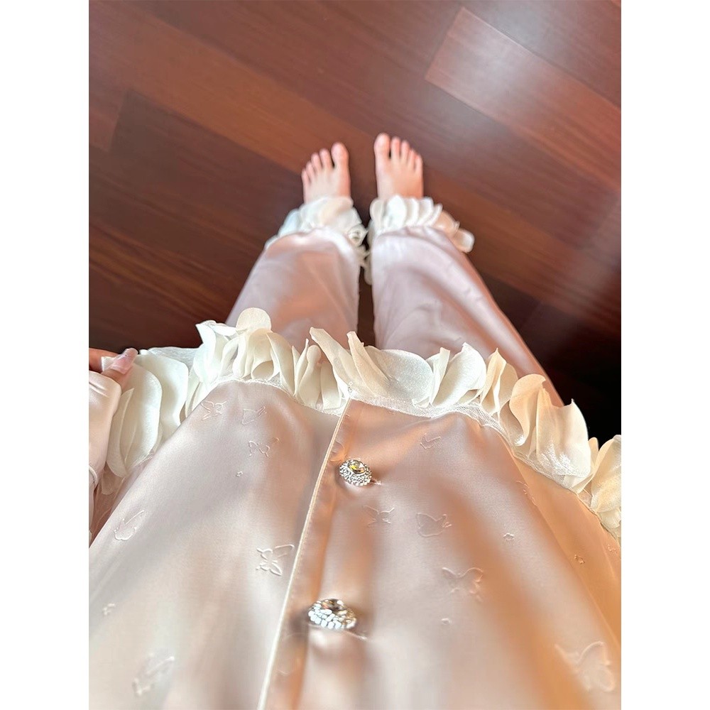 法式公主風粉色冰絲睡衣女春秋款2025年新款長袖長褲家居服兩件套-細節圖3