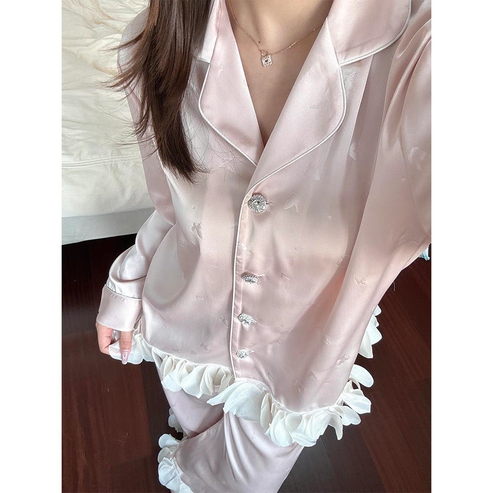 法式公主風粉色冰絲睡衣女春秋款2025年新款長袖長褲家居服兩件套-規格圖5