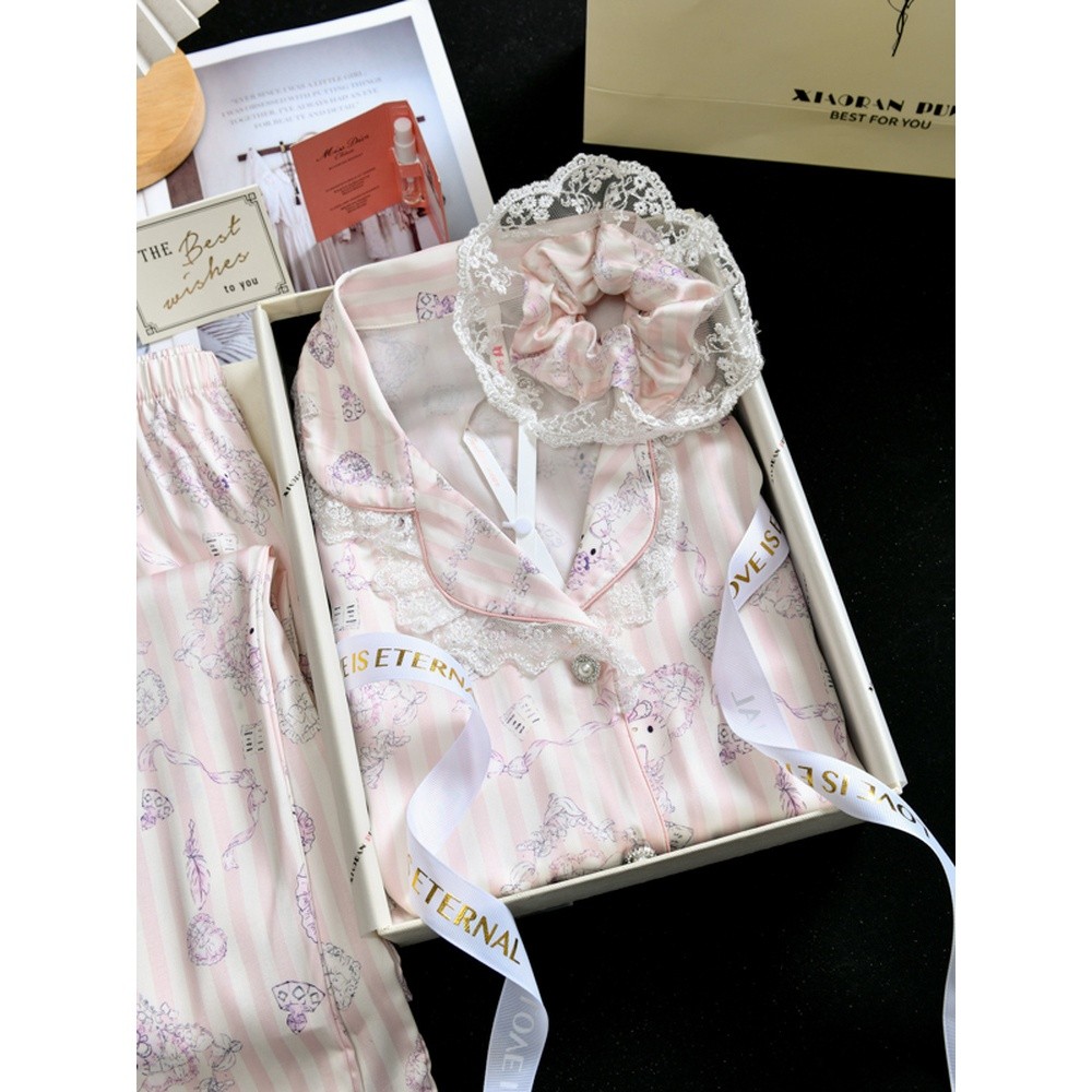小紅書推薦kitty少女冰絲睡衣女蕾絲長袖可愛家居服閨蜜生日禮物-細節圖3