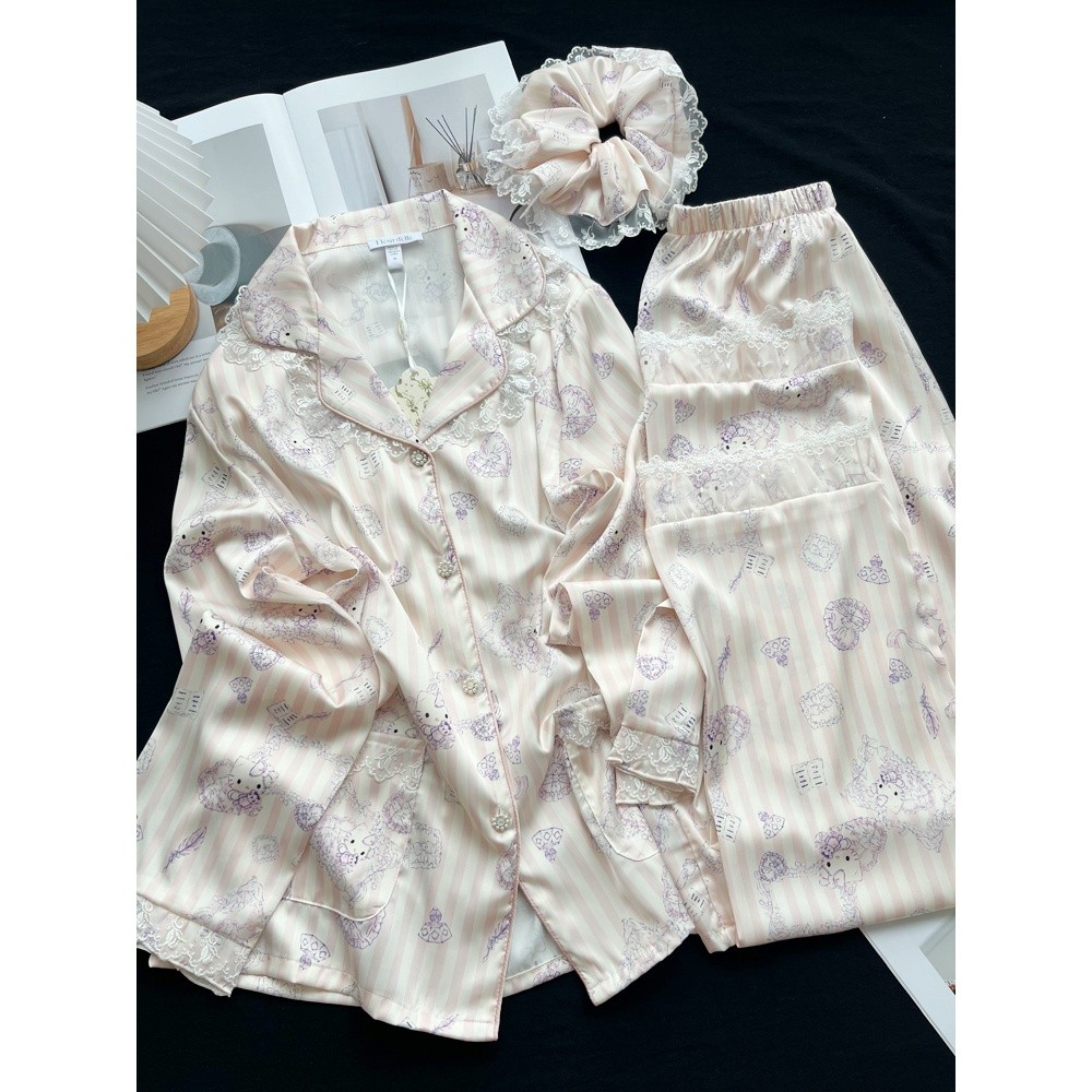 小紅書推薦kitty少女冰絲睡衣女蕾絲長袖可愛家居服閨蜜生日禮物-細節圖4