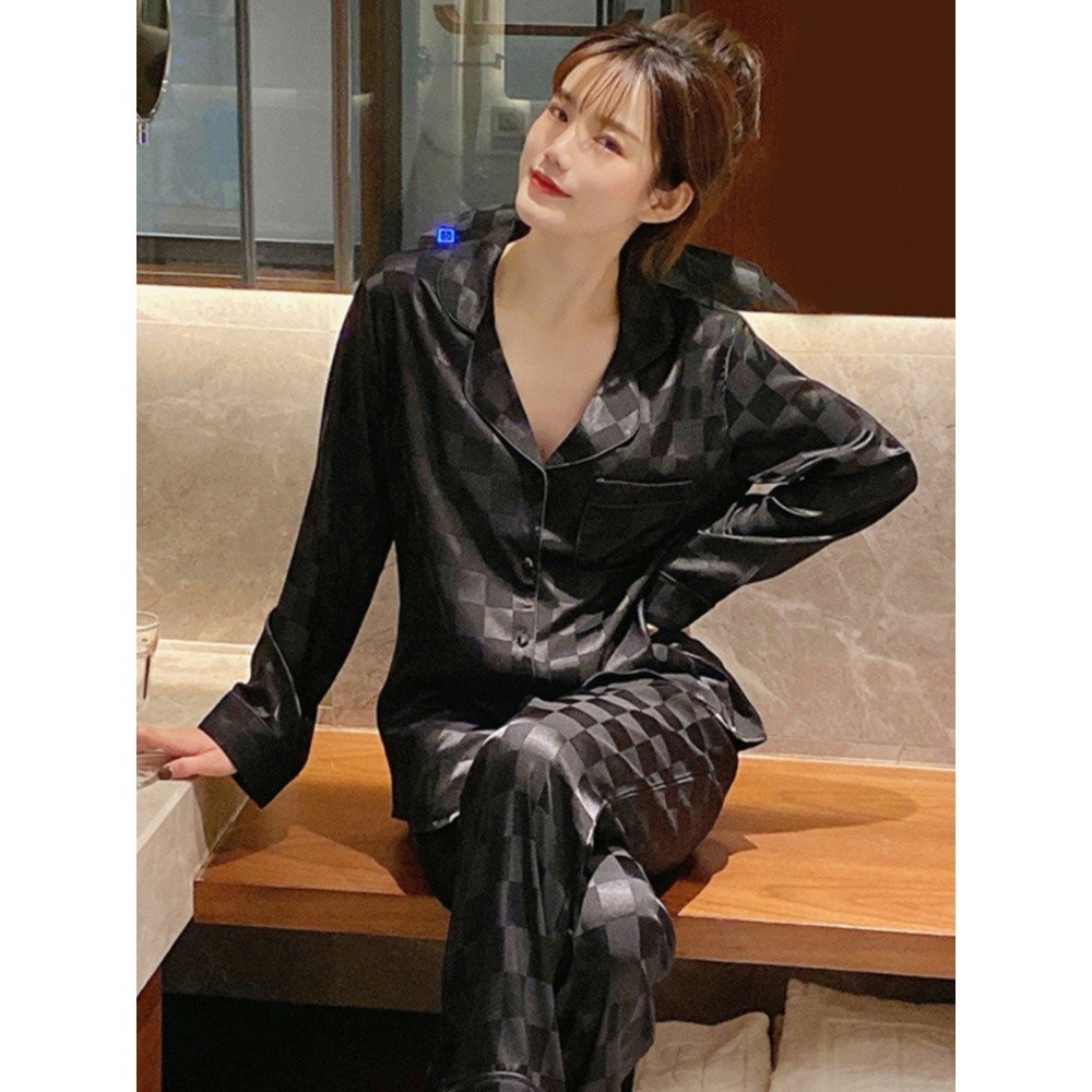 春秋季冰絲睡衣女性感長袖倆件套裝網紅格子爆款氣質簡約家居服夏-細節圖2