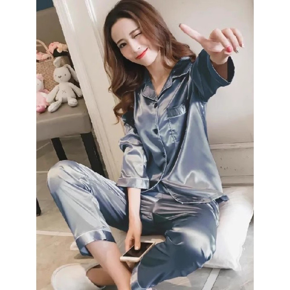 春秋季冰絲睡衣女性感長袖倆件套裝網紅格子爆款氣質簡約家居服夏-細節圖3