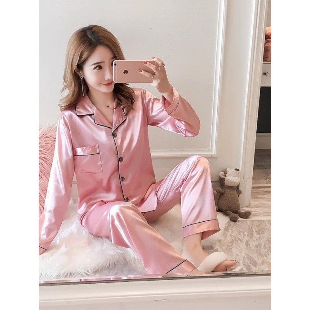 春秋季冰絲睡衣女性感長袖倆件套裝網紅格子爆款氣質簡約家居服夏-細節圖4