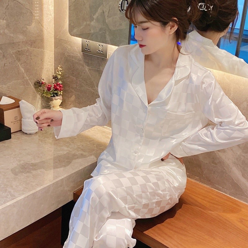 春秋季冰絲睡衣女性感長袖倆件套裝網紅格子爆款氣質簡約家居服夏-規格圖5