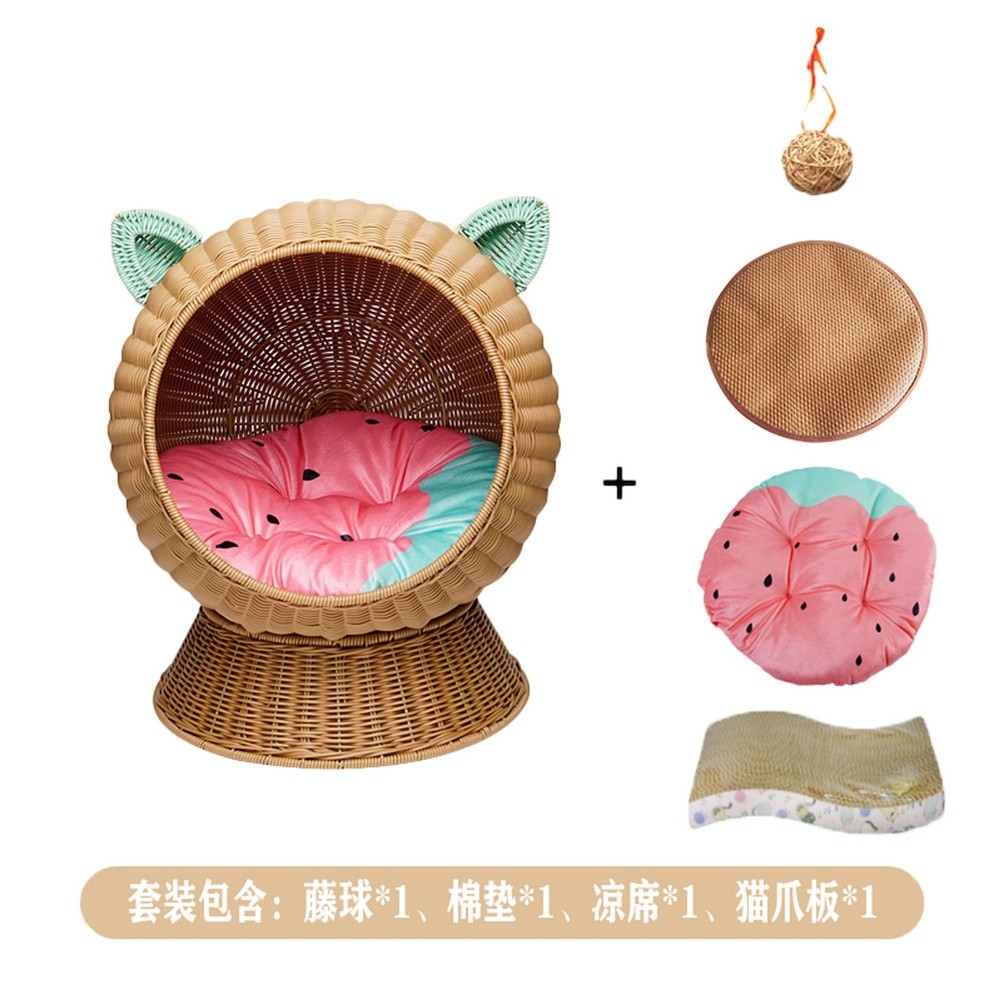 撞耳貓窩+長毛墊+涼蓆（送藤球+貓抓板）