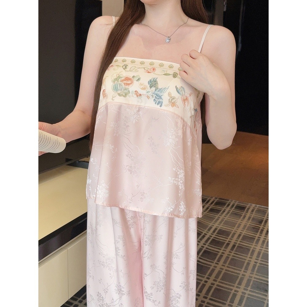 新中式冰絲睡衣女吊帶長袖帶胸墊2025新款性感純欲風三件套家居服-細節圖4