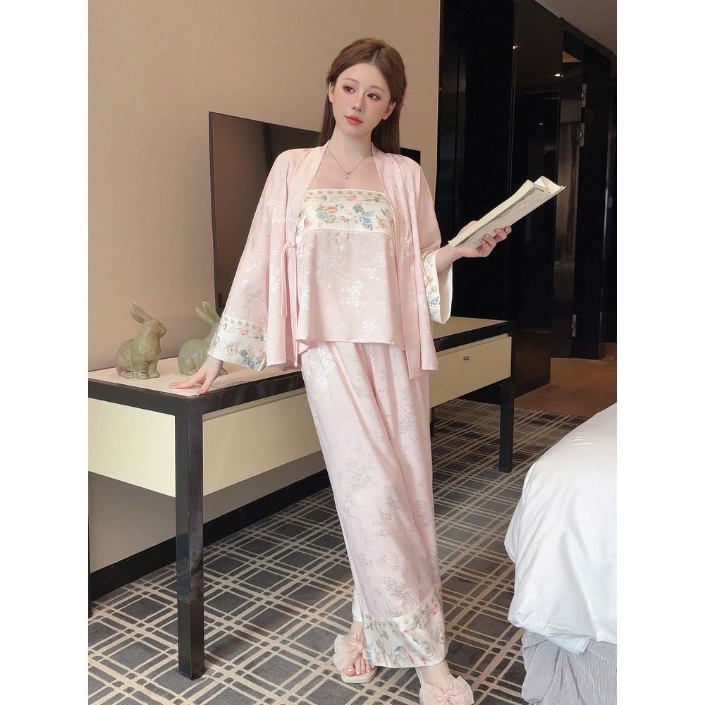 新中式冰絲睡衣女吊帶長袖帶胸墊2025新款性感純欲風三件套家居服-細節圖5