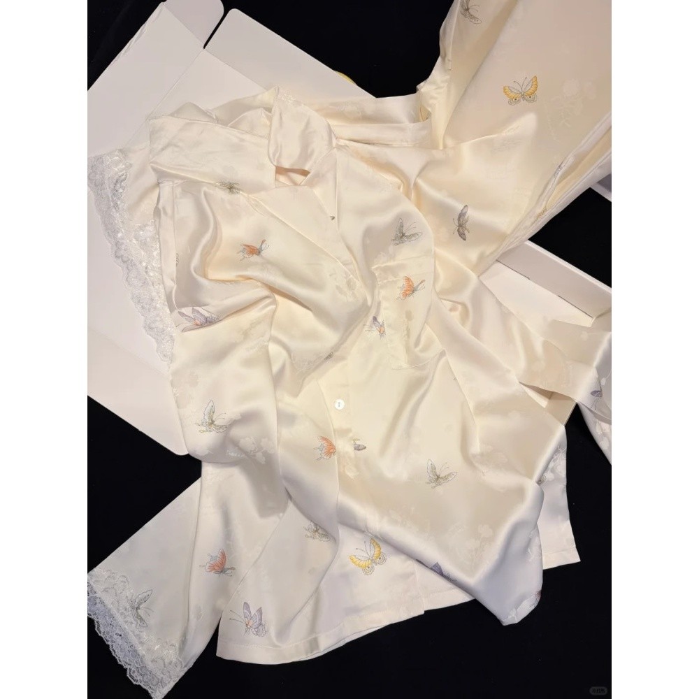 韓版蝴蝶印花冰絲睡衣女款夏季新款緞面絲綢家居服兩件套裝可外穿-細節圖3