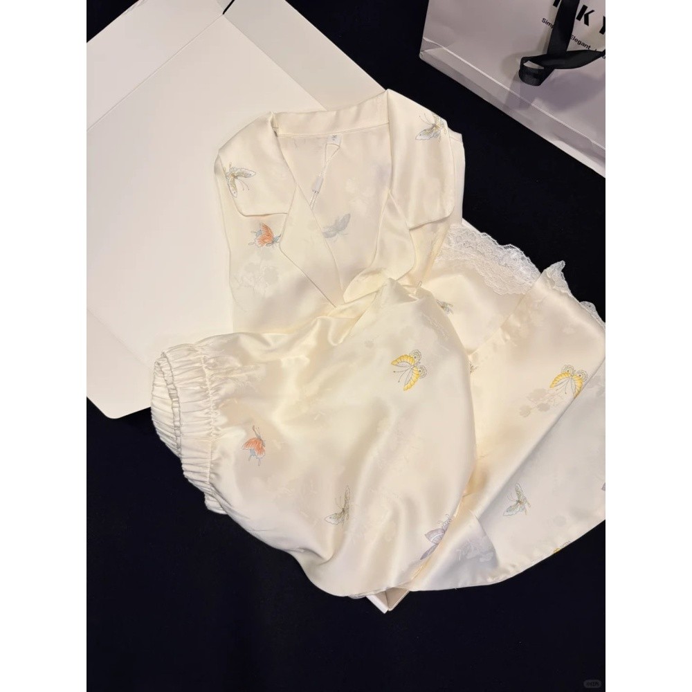 韓版蝴蝶印花冰絲睡衣女款夏季新款緞面絲綢家居服兩件套裝可外穿-細節圖4