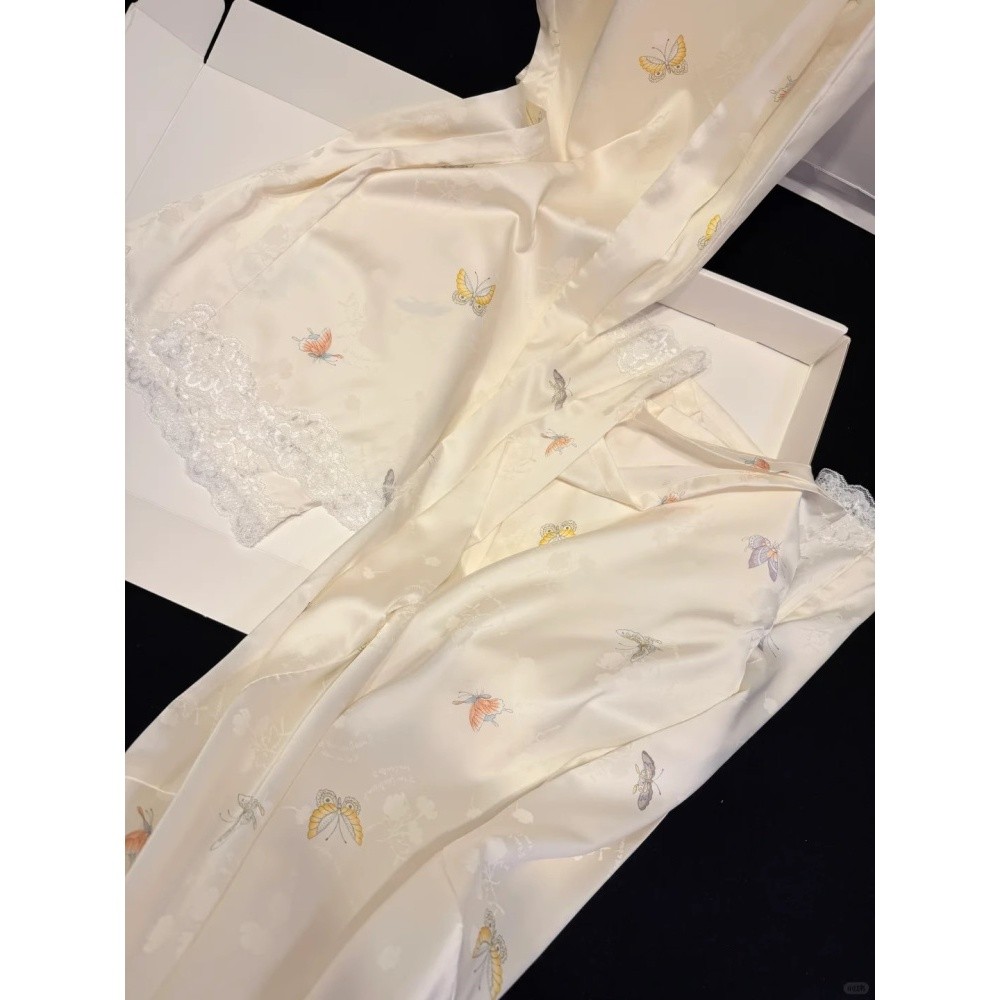 韓版蝴蝶印花冰絲睡衣女款夏季新款緞面絲綢家居服兩件套裝可外穿-細節圖5
