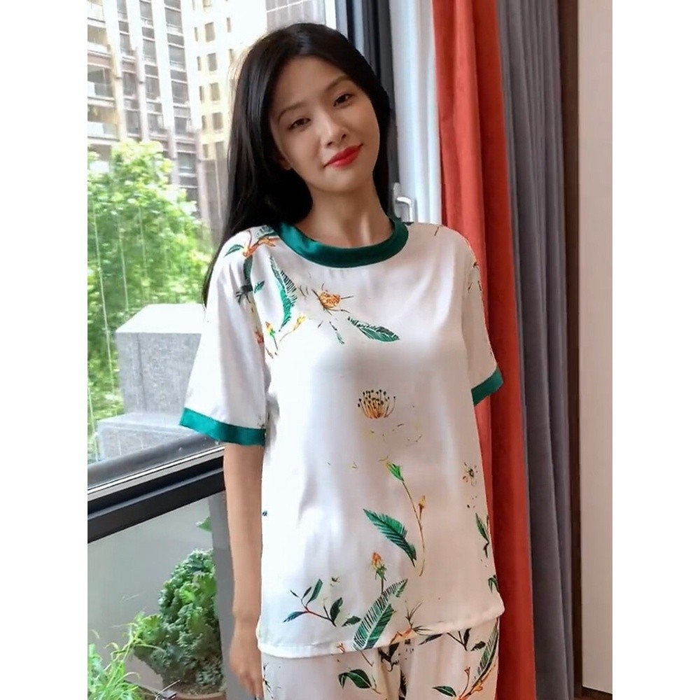 夏季冰絲睡衣女短袖短褲長褲三件套中年女士絲綢套頭家居服LS9004-細節圖2